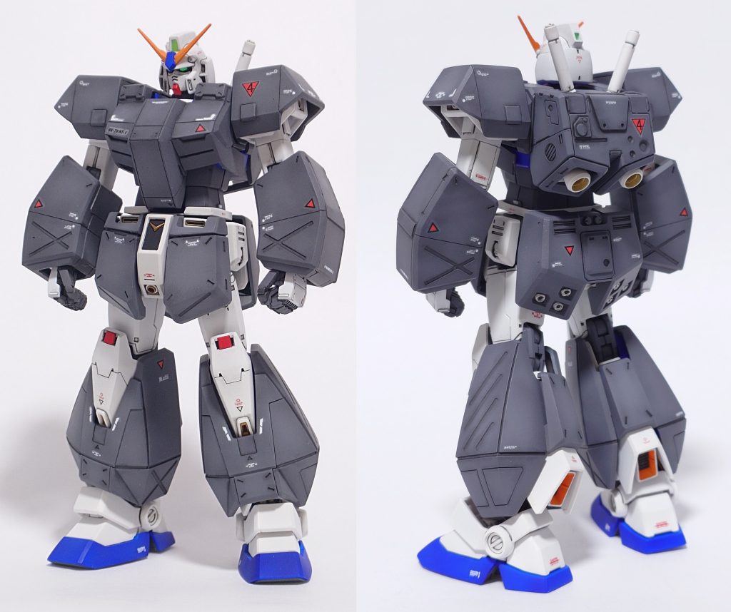 【チョバムアーマー】前腕：4mm程度延長し、肘の可動用のU字の切り欠きはプラバンでふさいでいます。肘を2重関節にしたため、U字は無くても90度くらいまで曲げられます。フロントアーマー：4mm程度延長しています。Vマーク部のつなぎは、取付方法を思いつかなかったのでオミットしました。胴体部：オリジンガンダムの胸部に合わせて上下に延長し、首回りも詰めています。肩部：段ボールで作れるような単純形状にして、前後に幅増しています。