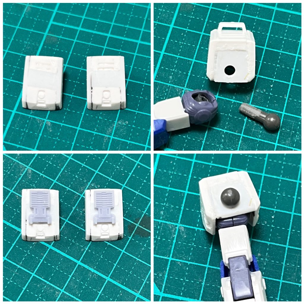 サイドアーマーを延長。肩は腕との接続を少し下方へ移動し、オリジン版ガンダムの肩ポリキャップと接続するようにしてます。これにより腕を長く見せる効果もあります