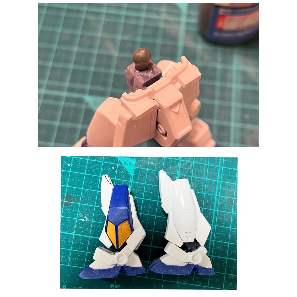ここからはメイキングを紹介。オリジン版ガンダムとアレックスの腰を接続するため接続軸を作り直しました。S字立ちが映えるように膝裏を削り込んでます