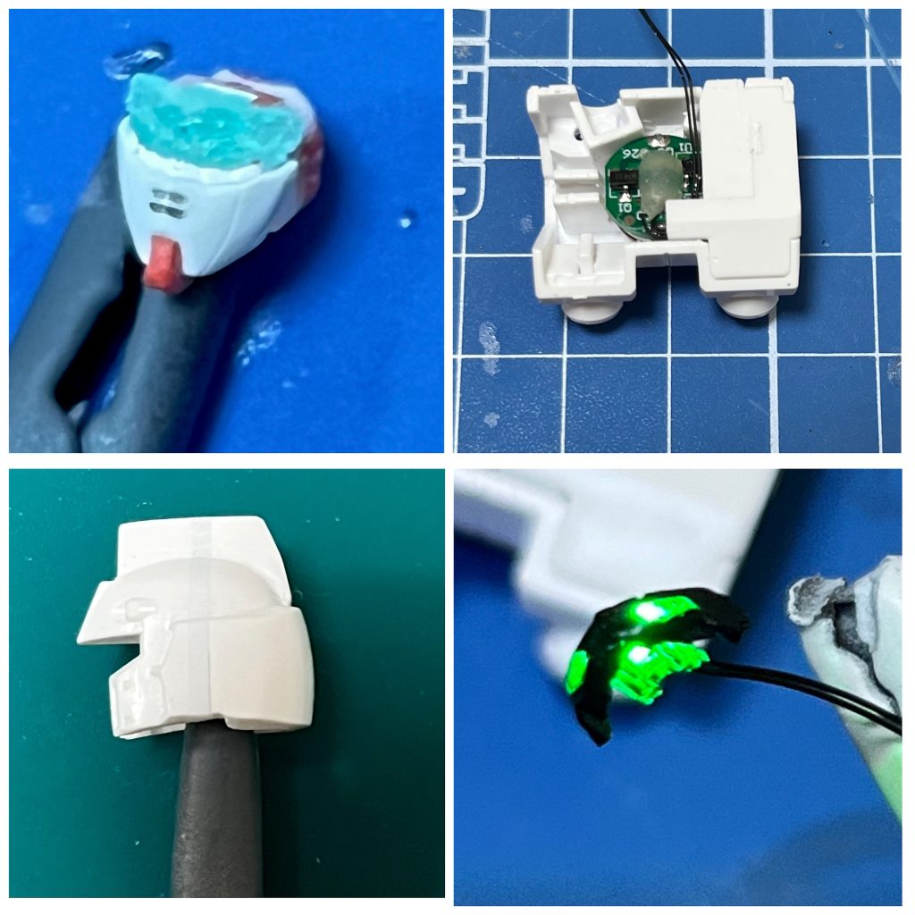頭はアレックスのものを使用。ただし、1mmほどプラ板を挟んで前後に幅増し。中の顔の部分はオリジン版のものを使用。ツインアイはレジンで複製しました。上部にLEDを貼り付けてます。電池はバックパックを削り込んで中に格納
