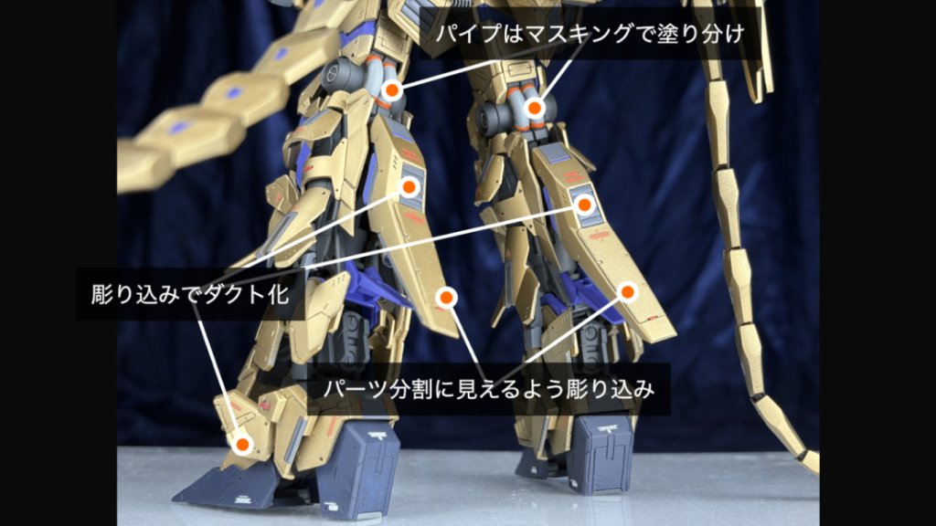見どころは足PGアンチェインドモードを参考にパーツ分割させて展開足の迫力が増しておりますただ線を引くスジボリだけでなくダクト化や分割っぽく見えるように彫り込みを工夫しました。1番力を入れた部分であります。&nbsp;