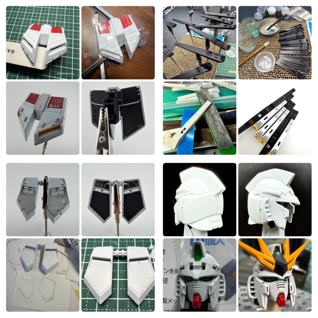 前後スカートは、プラ板工作とスジボリで情報量をアップ。フィンファンネルは、スジボリとデカールに加えて、初めてシタデルカラーで凹部塗装にチャレンジし、大成功だったので定番化決定‼️頭部はスジボリ+メタルパーツです。