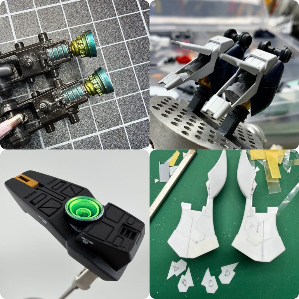 ディテールの無い脚裾部分は、プラ板貼り付けで工作。各種バーニアは全て作り替えてあります。足裏は見えなくなりますが…😄ふくらはぎ部分は、ハッチオープンで見せ場を作りました。