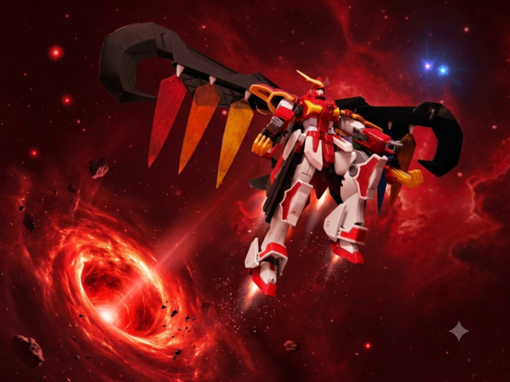 ワームホールから飛び出す感じにポージングしました。Geminiで作成しました。「紅の悪魔、現れる！」