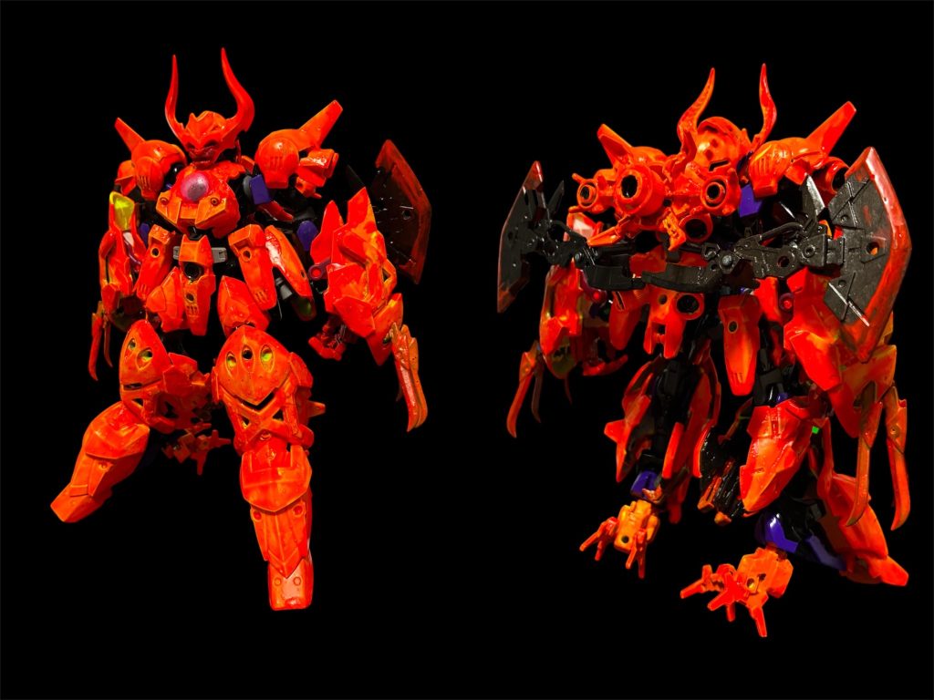 ラースベヘモット。30mm ・30mfのオプションパーツとガンプラを組み合わせた一品。ガワはクレオス蛍光イエロー・オレンジ・レッドの三色を、ウォーハンマーの炎エフェクトの塗り方を参考に塗ってみました。