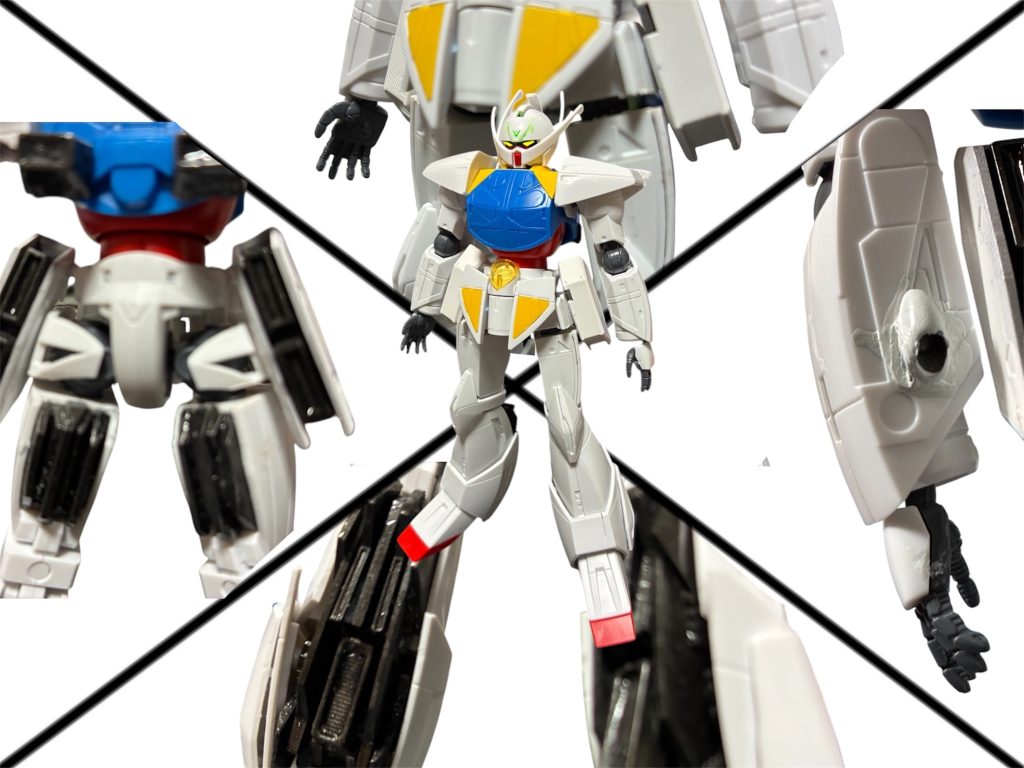 変更点、左から。左:サイドスカートをガンヴォルヴァのパーツに変更。上:ミリティアと同じく太もも回転ロール軸ように改造。下:足のスラスターベーンにスラスターノズルを追加。より集約して機動性アップ。右:NFD(ナノ・フィールド・デバイス)。簡単に言ってしまえば、背中の月光蝶発出口と同じくナノマシンフィールドを発生する。ただしより小規模かつ精密に制御され、後述のNDBを発生させる装備でもある。
