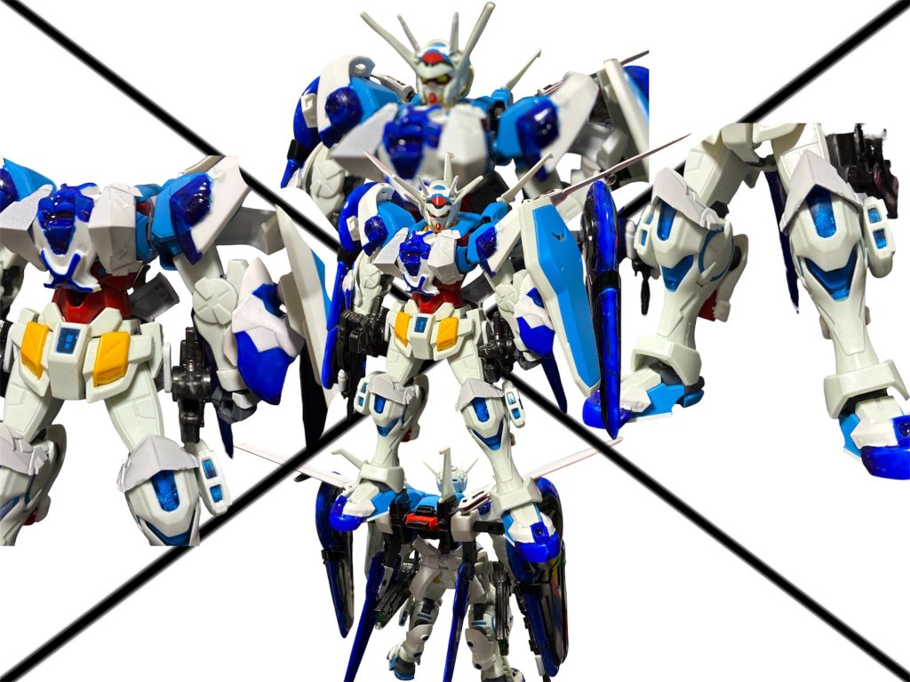 変更点^_^左:胸・肩・腕に追加したフォトン・パッチアーマー。上:頭にオプションパーツアンテナを加工して追加。下:大気圏パックをベースにパーフェクトパックのパーツやフォルムランサーを追加したスーパーパック。右:膝・足の甲に30mf鉄禍の僧兵パーツの残りを使ってディテールアップした。