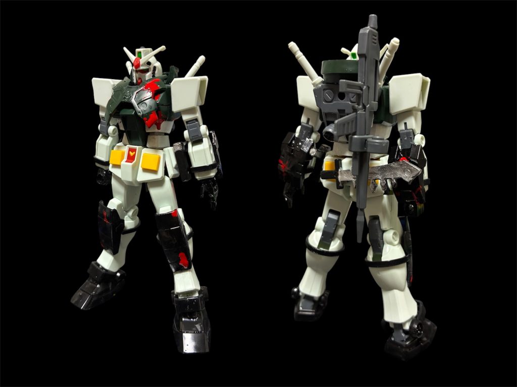 登場キャラ1 ガンダム S.T.A.R.S仕様。EGガンダムをベースにジャンクパーツでディテールアップ^_^ネットで検索すると出てくるS.T.A.R.S男性隊員のコスチュームに寄せてみました。そして、血糊でラッピング。気分はサバイバル^_^