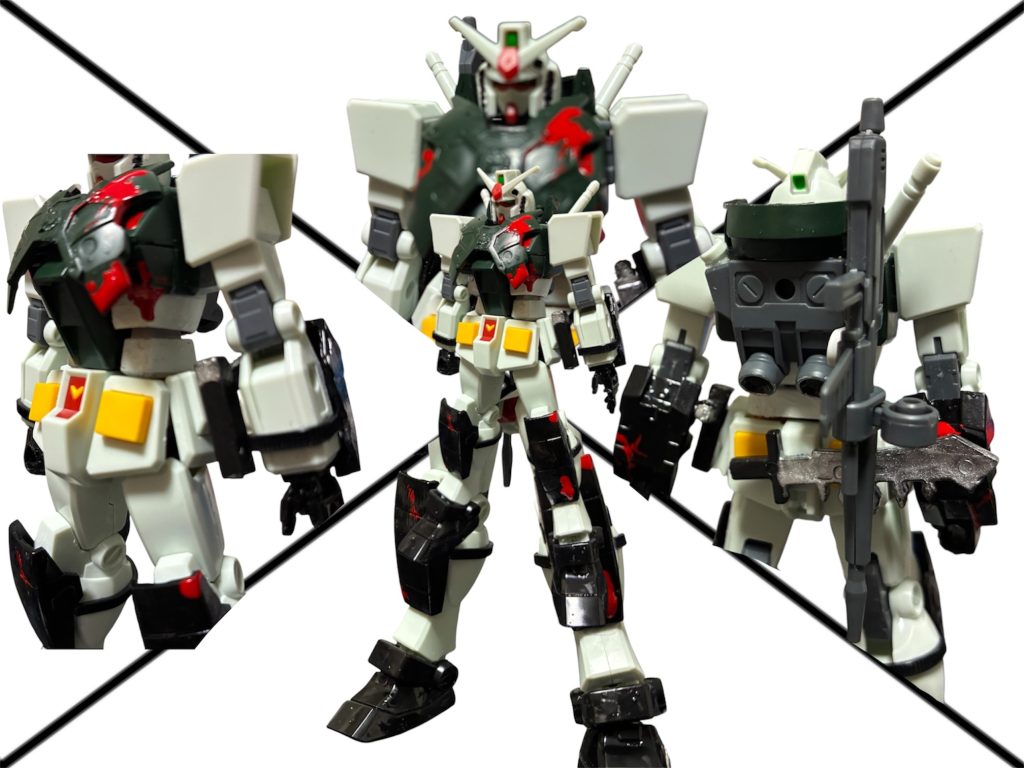 主な変更点。左:サイドアーマーに塗装・加工した百均フィギュア付属のハンドガンを設置。腕にもジャンクパーツでアームガードを追加。ベルトは結束バンドを加工。上:胸部に30mf鉄禍の僧兵パーツを塗装して追加。血糊でデコレーション付き。下:膝にジャンクパーツでフットガードを追加。ベルトは結束バンドを加工。右:首に鉄禍の僧兵パーツでネックガードを追加。バックバックにはビームライフル懸架用のサイドアーム、バックスカートには百均フィギュア付属のコンバットナイフを塗装して追加。
