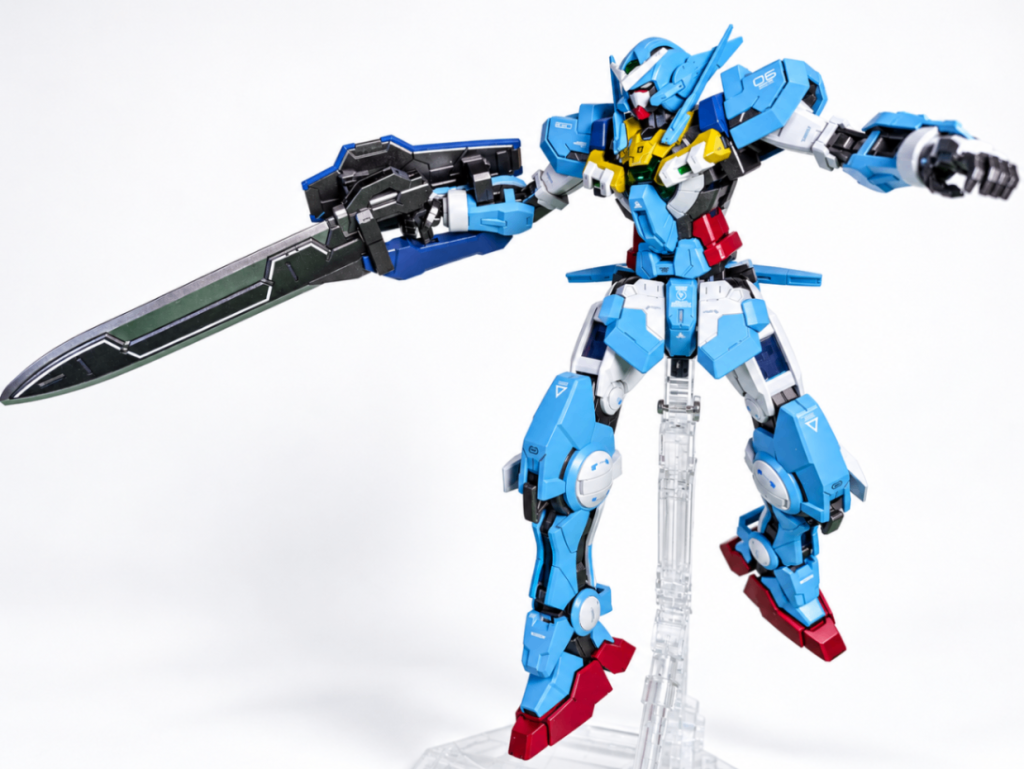 ＭＧ 1/100 ガンダムアストレア＋プロトＧＮツインブロードブレイドをオリジナル着色塗装で仕上げました。塗装イメージはAIを使って考えてもらい、その色味に近づけるよう塗料を調合しながら進めましたので、当初のカラーイメージとは結構異なってしまいました。またこの画像自体は背景をAIに白抜きしてもらっているものとなります。