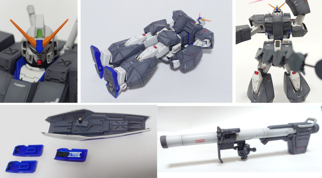 拡大写真は加工の粗が目立つので恥ずかしい・・・額にRX-78-NTと書きたかったけど、残念ながら小さくて無理でした。右はチェーンマインやめてーの図。シールド接続は、ガトリングカバーをプラ板で箱組して、シールド接続用のパーツを作り、オリジンの接続部を移植しています。意外にうまくできて良かったです。シールド側接続部は、オリジンではなく、HGジムから拝借し軸径を穴に合わせています。一応バズーカ作ったけどねじ曲がった手首のせいで持たせるのすごく大変・・・。