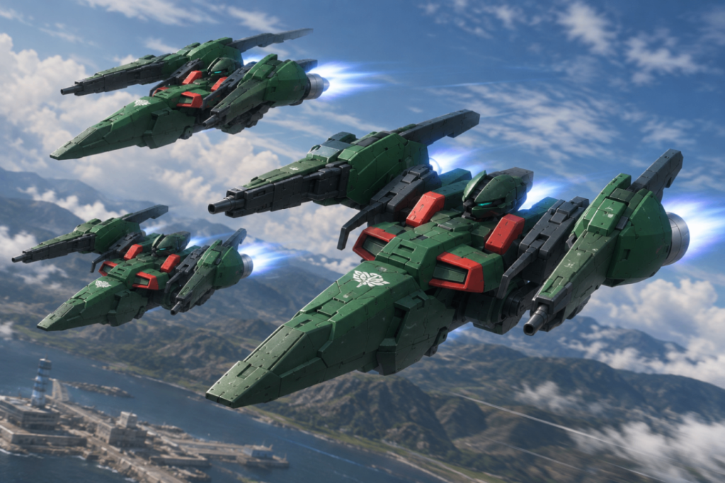 OMA-005S-II　ギャプランII一年戦争後、ティターンズによって開発されたギャプランは、カラバによって高高度迎撃用MAとして再設計され、「ギャプラン改」として生まれ変わった。変形機構や脚部を廃することで機体構造を簡略化し、高速飛行性能と一撃離脱能力を追求した機体である。第一次ネオ・ジオン抗争後、地球連邦軍は接収したネオ・ジオン製MS、ドーベン・ウルフの技術を各種兵器の研究に利用していた。一方、政治的な事情から新規のZ系機体を主力として採用することが難しい状況にあったため、既存のギャプラン改を母体とした新型高速MAの開発が進められることとなった。こうして開発されたのがギャプランIIである。
