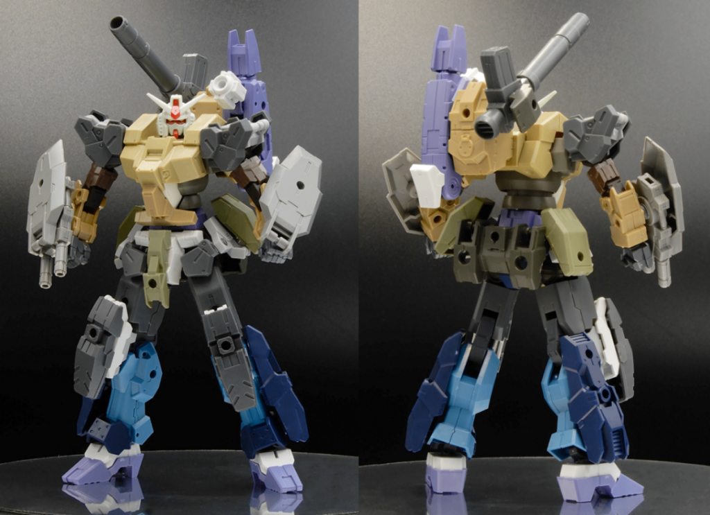 ・頭部：EG ガンダム・胴体：HG デミバーディング・腕：30MM アルト・脚：30MM テックプロト・足首：30MM ラビオット・バックパック：30MM 陸戦アルト/スペースクラフト・肩/シールド/スカート/膝：30MM フルアーマーアルト・リアスカート：30MM レヴェルノヴァ・その他30MMパーツ各種・3mm穴ブランク：30MM トラスベース