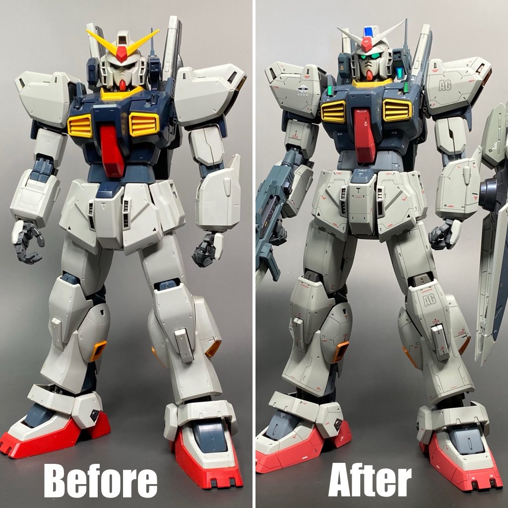 肩の小型化、脚部の延長によるプロポーション変更を行ってます。脚部延長は関節部で調整をかけましたので、装甲は整面したくらいでほとんどいじってません。
