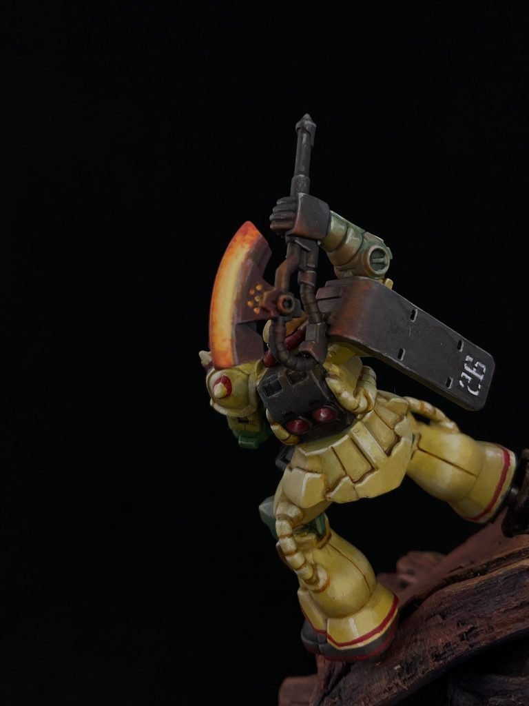 I don't have a lot of experience with Object Source Lighting, but the way the heat hawk is glowing here turned out nice.&nbsp;I freehanded the markings on the legs and feet, as well as the number on the shield