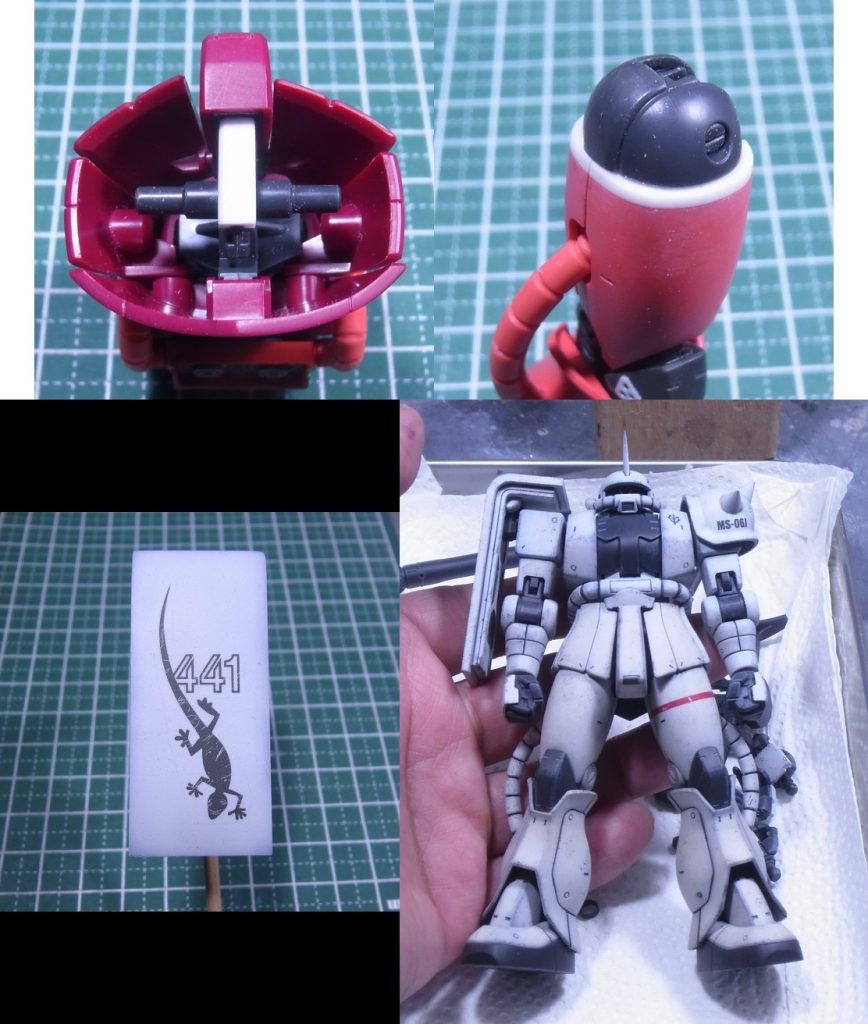 太もも上部で1.2mm、足首で4mm延長。シールドも大型化。デカールはデータをイラレで作りセブンイレブンのプリンターで印刷した自作のものを使ってます。