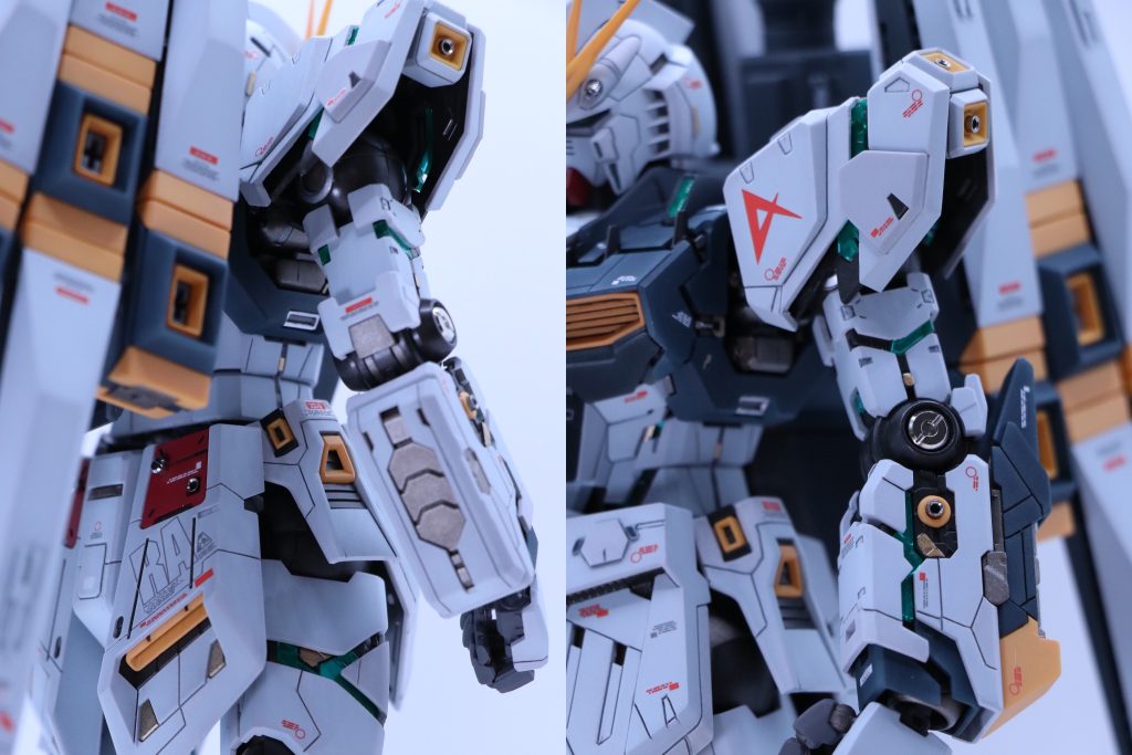 ＜肩＞・追加スジ彫り・プラ板でディテール追加・GUNDAM EVOLVE版νガンダムのように装甲をカット加工・バーニアにメタルパーツを追加＜腕・手＞・追加スジ彫り・プラ板でディテール追加・二の腕にサイコフレーム追加・塗装剥げ防止のため肘関節のクリアランス確保加工・肘関節、バーニアにメタルパーツを追加
