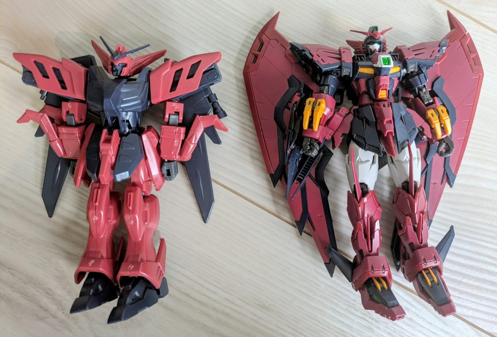 当初からこの2つの機体を組み合わせてみたらどうなるだろうという思いがあったまま、余裕と機体があればと思っていたところ、安くRGエピオンを手に入れたのでまずはエピオンを作成しそこからどうするか考えました。HGヴァザーゴ発売前のため前買った旧キットを使ってます。こちらはこちらで出来がいい。