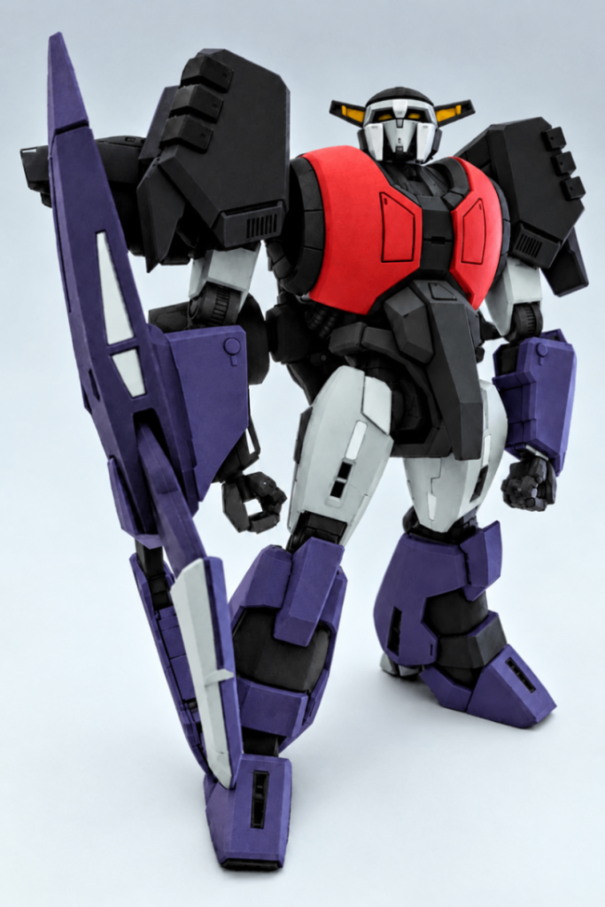 お遊びの機体色変更として、プーさんやらリラックマやツキノワグマなど、クマさんネタもやってみましたがイマイチでした💦他にネタはないかと悩みましたが、ＭＳ離れしたマッシブな体型から、スパロボっぽくしてみました生成AI（Gemini）で、くろがねの城(笑)っぽいカラーにしてみましたモノアイがツインアイっぽくなってしまってパンダっぽい？&nbsp;
