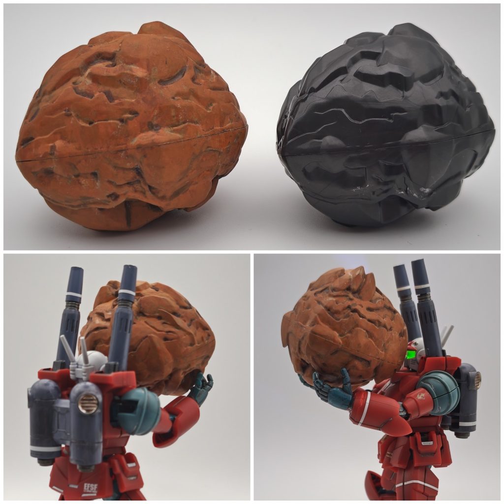 れっきとしたGフレームの付属品です。参考まで、岩 塗装前後の画像です。水性アクリルマーカーとリアルタッチマーカーで塗装しました。仕上げのツヤ消しは全てのご家庭に必ずあると思われるリキテックス パーマネントマットバーニッシュを、筆塗りで雑にバシャバシャと。液が乗りすぎた部分は乾かない内にティッシュでトントンして調整しました。塗装に要した時間は2時間くらい、早いのか遅いのか分かりません😅初めての岩塗装、完成度はともかく楽しかったです👍️