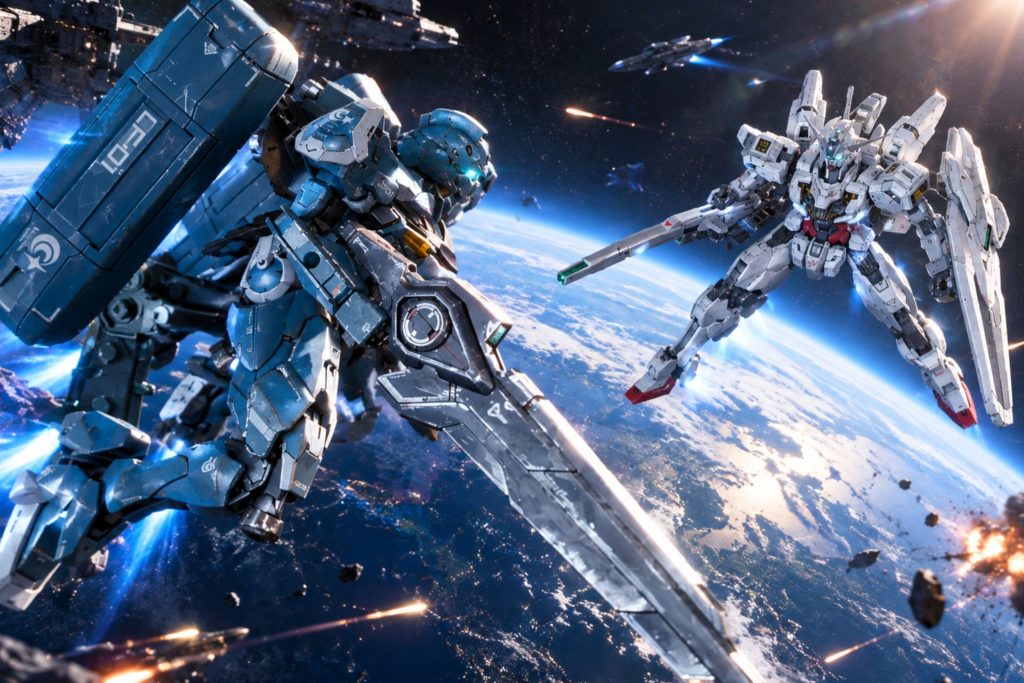 その4 &nbsp;AI画像(ChatGPT)キャリバーンとルブリス量産型試作機の戦闘シーン2体が戦闘することはないと思いますが、せっかくなので制作してみました