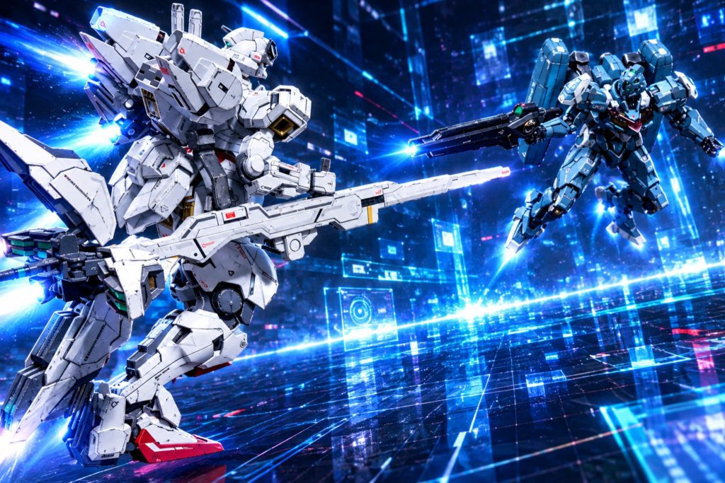 その5 &nbsp;AI画像(ChatGPT)デジタル仮想空間での戦闘訓練って感じのシーンにしてみましたキャリバーンはカッコイイんだけれど、ライフルのせいで、ポージングが難しいですね😅AI画像ってホント面白いですガンプラ組立して、撮影して、AI画像作成してのルーティンはまだまだ、続きそうですありがとうございました密かに、キャリバーンその2 の投稿写真をすり替えてます&AI画像を追加してます良かったら見てやって下さいさて、次はなにを組立ようかな