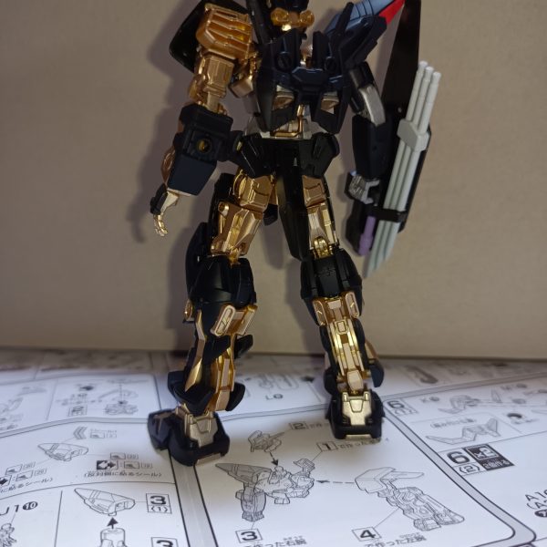 とりあえず金と銀と黒をハイスピードで塗装しました！トプ画は公式立ち絵風に。ブリッツのトリケロスは、前腕取付ピンを少し切ることで取り付けられるようになります。トリケロス改のランサーダートは一体成型の為、繋がっている部分が盾の表側から見えちゃうんですよね。なのでパッと見で見えるところまで切り、表側からは3本が独立しているように見せています。そして頭部は昨日作製したパーツを金で塗りアクセントにしています。また、茶色というか不思議な色をした部分はシルバーで塗装しました。結果としてとても好みの色合いになってくれました。残りは全身の赤部分ですが、筆塗りするかマスキングして吹くかで悩んでいます…そしてバックパックから脚部装甲やらを持っていかれた代わりに都牟羽太刀を手に入れたレッドフレームくんもよろしくお願いいたします。（2枚目）
