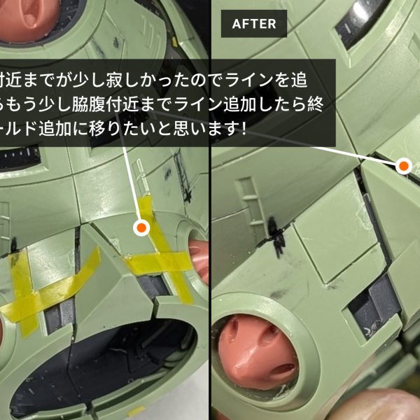 皆さま、いつもご覧いただきありがとうございます!継続朝活114日目の製作レポートです。現在製作しているのは、重厚な曲面装甲を持つ「HGUC 1/144 ゾック」と、『機動戦士Gundam GQuuuuuuX(ジークアクス)』より立体化された「HG 1/144 リック・ドム ガイア機/オルテガ機(GQ)」を掛け合わせたオリジナル・ミキシング機体です。GQ版リック・ドム特有の「宇宙用の推進機として背面に第3の脚(大推力スラスター)を展開する異形のシルエット」と、ゾックの圧倒的なボリューム感をどう馴染ませるかが今回のミキシング最大のテーマになっています。 休日の朝活といえども、家族との時間や予定がある日曜日の朝に確保できる作業時間は「きっちり1時間」に限られます。この60分間で、大面積のゾック装甲とディテール密度の高いGQリック・ドムの情報量を揃えるため、本日は「乾燥待ち時間ゼロ・溶剤リスクゼロ」の3工程スジ彫り&スミ入れリレーを実践しました。 第1工程の「導入&面取り」には、ミネシマの「キサゲ 25° 小(TM-19 / 刃幅4mm)」を使用しています。ケガキ針でいきなり彫り始めるとプラスチックに「めくれ(バリ)」が出やすいですが、刃先角度25°の鋭い両刃を持つこのキサゲを使うと、軽い力でスムーズに導入ラインや段差の面取りができ、後のサンディング時間を大幅に短縮できます。続く第2工程の「本彫り」では、スジボリ堂の「量産型BMCタガネ」を投入しました。熟練職人の4面鏡面仕上げによる高純度炭化タングステン刃は摩擦抵抗が極めて少なく、力を入れなくてもスーッと均一な角溝が彫れます。特に量産型は刃先と指先の距離が短く設計されており、ABS樹脂グリップ採用で約3.7gと超軽量なため、朝一番の作業でも手元がブレずに狙ったパネルラインを一発で引けるのが最大の強みです。そして第3工程の「即スミ入れ」こそが今回最大の時短ポイントであり、GSIクレオスの「ガンダムマーカー スミいれペン シャープ(GP01 / 0.3mm)」を使用しています。HG リック・ドム(GQ)は外装や関節にKPS素材が多く採用されており、エナメル塗料等の流し込みはパーツ割れのリスクや乾燥待ち時間が発生します。そこで彫り上がったばかりの角溝に、川口名人推奨の0.3mm極細シャープペンを直接走らせました。タガネで彫った溝の微細なエッジに黒鉛の粉がしっかり引っ掛かり、はみ出た部分は普通の消しゴムでサッと消すだけで完了します。無臭なので朝の室内作業にも最適で、鉛筆特有の落ち着いたマットな質感が重MSの装甲に抜群にマッチします。 スジ彫りはモデラーにとって最高に楽しい時間ですが、動画にするとどうしても地味で単調な絵面になりがちです。そこで「日曜日の朝活」にちなんで、気分を変えてあの日曜劇場『VIVANT』風の壮大な演出でショート動画を作ってみました(笑)。黒背景に赤と白の巨大文字が重低音とともに浮かび上がる中、最後に登場する切り札が「シャーペンと消しゴム」というギャップも含めて、音楽と合わせて楽しんでいただける仕上がりになっています!ぜひYouTubeショートも覗いてみてください。 引き続きコツコツと朝活を積み重ねて、この異形ミキシング機体を完成まで導きます。アドバイスや「こんなスジ彫りツール使ってるよ!」というコメントもお待ちしております!(2枚目)