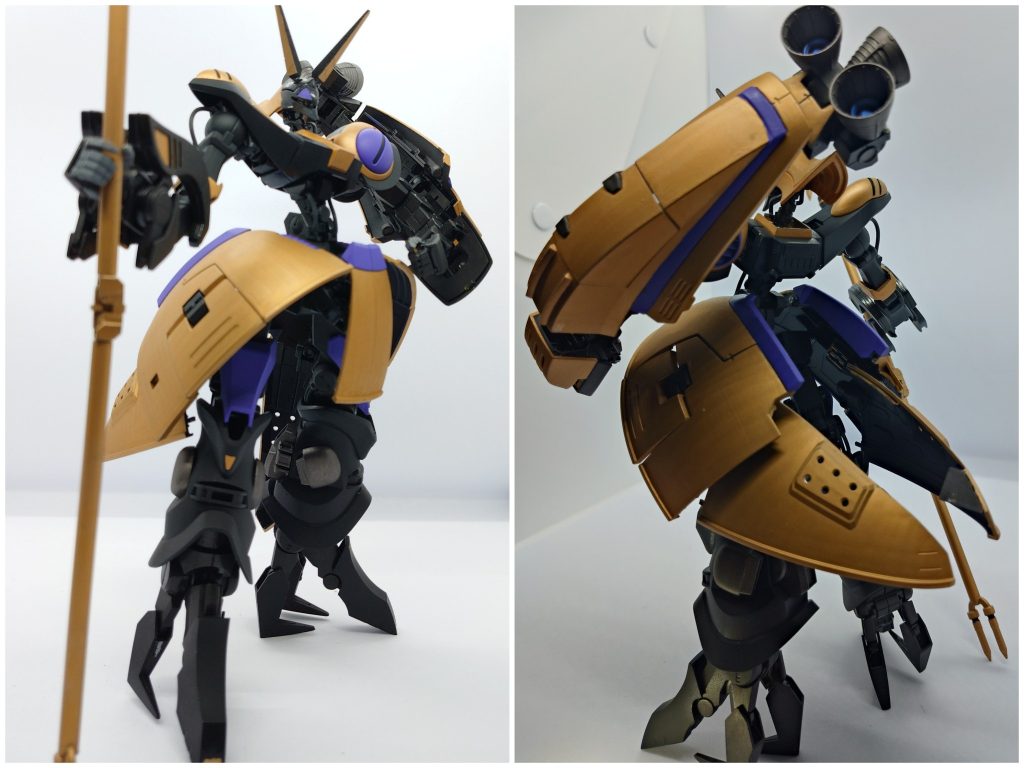 バウンド・ドックをアヌビス神に見立てる定番(？)改造【主な改造ポイント】・お椀型のスカートを切り離して腰巻を表現（シェンディトというらしい）・スカートを切り離した都合でバーニアを左腕に移設・杖を持たせたかったので右手首に回転機構を入れて通常の手と大型クローの両立