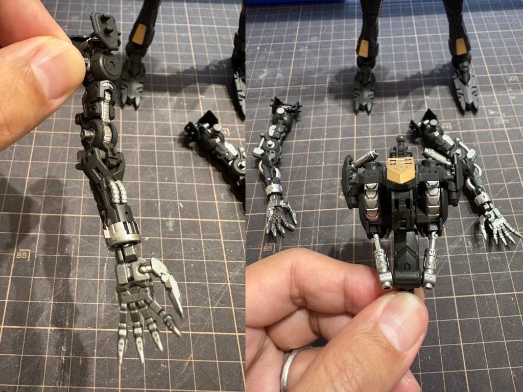ガンダムフレームですが、黒サフで下地を殺してます。腕のパイプ部分はシルバーでマスキング塗装してますが、ある意味個々の作業が一番しんどかったです💦👆外装を付けると殆ど見えません。。