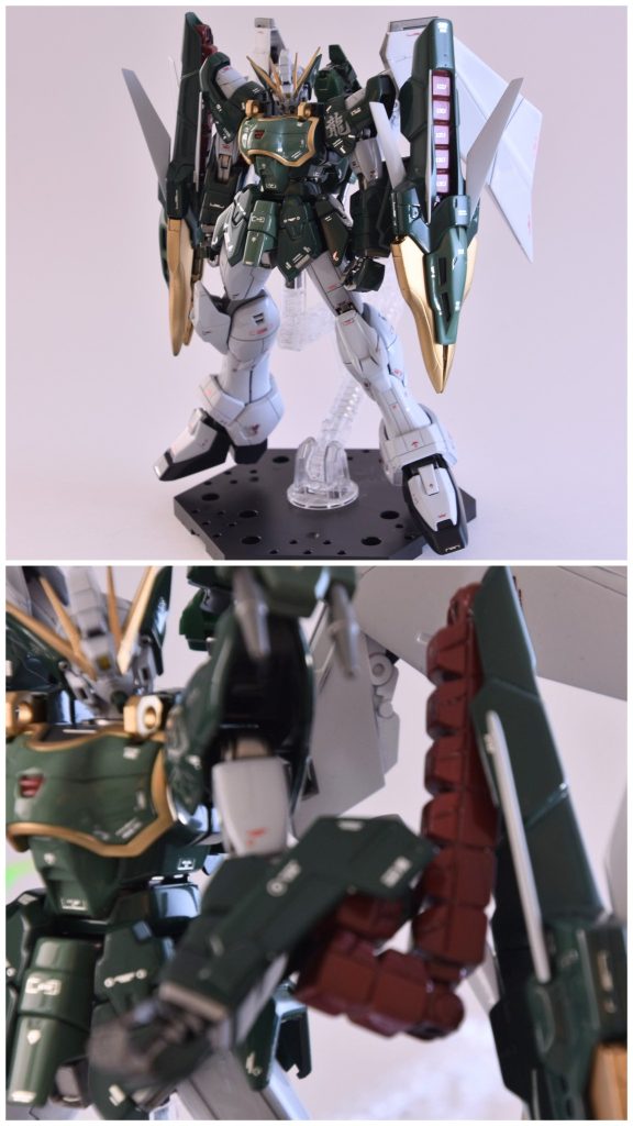 フーティエ装備状態です。キットをそのまま取り付けるとドラゴンハングとフーティエが干渉して上手くポーズが取れません。もう頭がおかしくなりそうです。ここで発想を逆転させます。ドラゴンハングのアーム構造を一度下に向かわせL字の様に上に向かわせます。こうすることによりドラゴンハングを90度軸回転させることができ、TV版アルトロンの様に横にドラゴンハングを置くことができます。