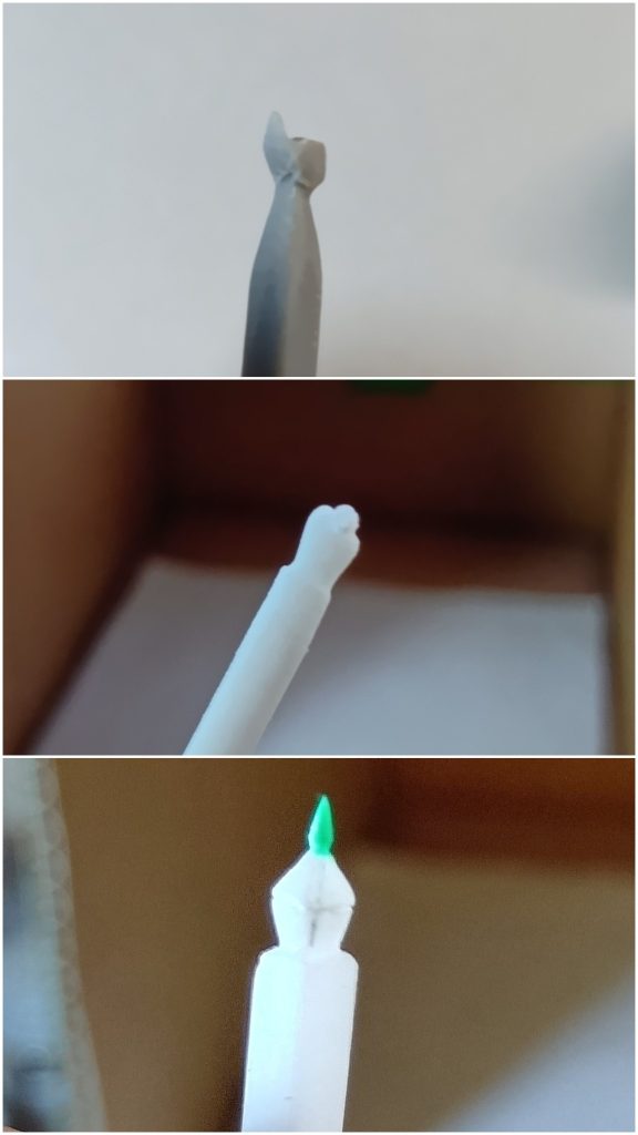頭のアンテナどうしようかな？と悩んでいた時に、そうだ！赤いガンダムの時切り飛ばしたビットの砲身どっかあったよな？（貧乏性なので基本大体のモノはとってありますw）でジャンクパーツ入った箱の底を慎重に探したら、とりあえず２個見つかって一安心😅しかし、やはり取付る時に１個は紛失😭（良かった〜２個あって😅）で顔が出来たことでイッキにモチベ上がりました（笑）他の部位も大体プラ角棒からの削り出しです。