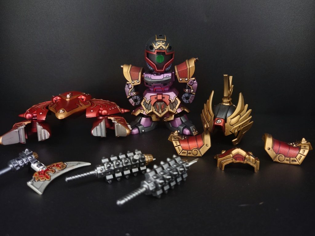 軽装形態と以下カラーレシピパープル…GXメタルパープル(C)ブラック…GXメタリックブラック(C)本体レッド…メタリックレッド(T)鋼甲機レッド…GXメタリックレッド(C)後、クリアレッド(T)ゴールド…Mr.スーパーリッチゴールド(C)シルバー…シャインシルバー(GM)グレー…メカグレー(GM)ブルー…蛍光ブルー(G)コート…水性トップコート光沢仕上げ…水性プレミアムトップコートUVカットスムースクリアつや消し下地…Mr.フィニッシングサーフェイサー1500ブラック(C)クレオス・(T)タミヤ・(GM)ガンダムマーカー・(G)ガイアノーツ以上でエアブラシ、スプレー、筆塗りで全塗装してます。