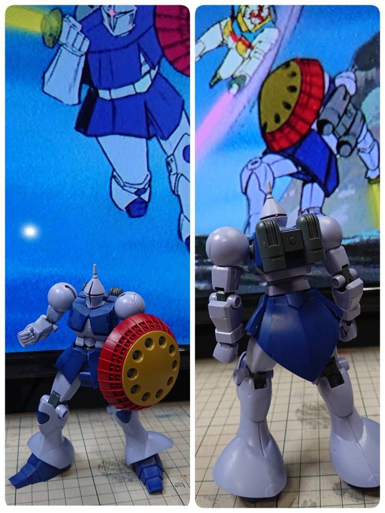 武器なしで袋詰めで吊るされていたギャン。原作ではガンダムに敗れましたが何故か個人的に好きな機種なんです。良いプロポーションしてます(zaku-kao7)