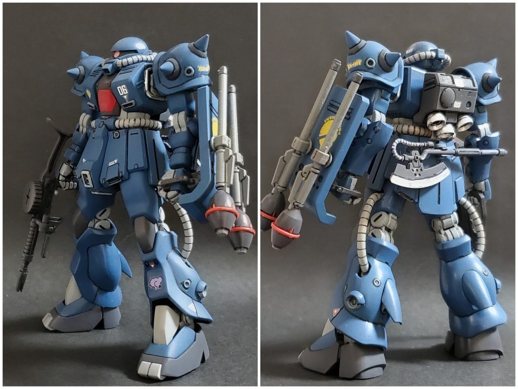 続いて今回の脇役、僚機役用に制作しましたMS-06FZ ザクII改😆🎵ポメラニアン隊仕様として部隊カラーの青で塗装🖌️✨そして両肩をスパイクアーマー、マシンガンは通常タイプ、肩シールドは手持ち型にしました😎👍️