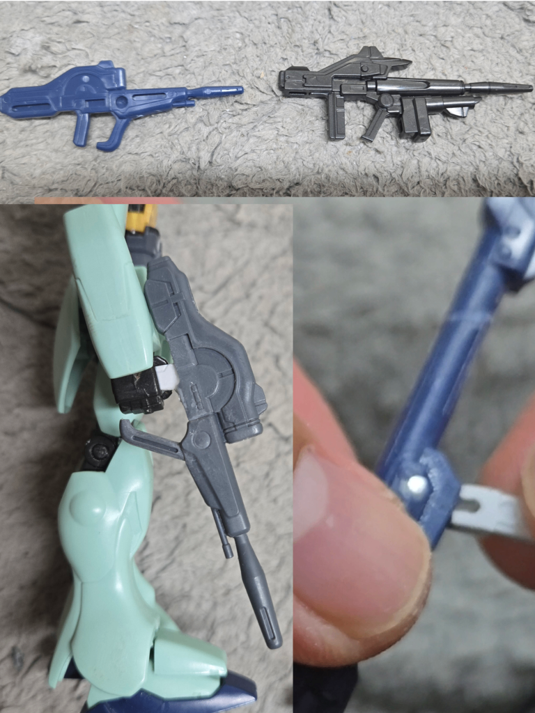 武器はめんどくさくなってHGUCVガンダムのビームライフルを加工、ビームバズーカはクリップを後ハメ&可動化させてポージングの邪魔にならない様に加工