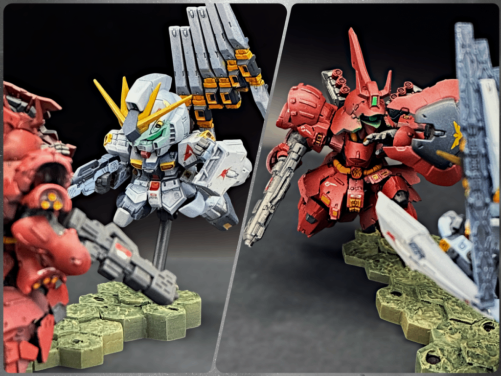 角度を変えて。付属台座のヘックスがSDガンダムゲームを連想させて良い感じなので、そこは残しつつ表面に凸凹を作ってアクシズ地表を表現しました。