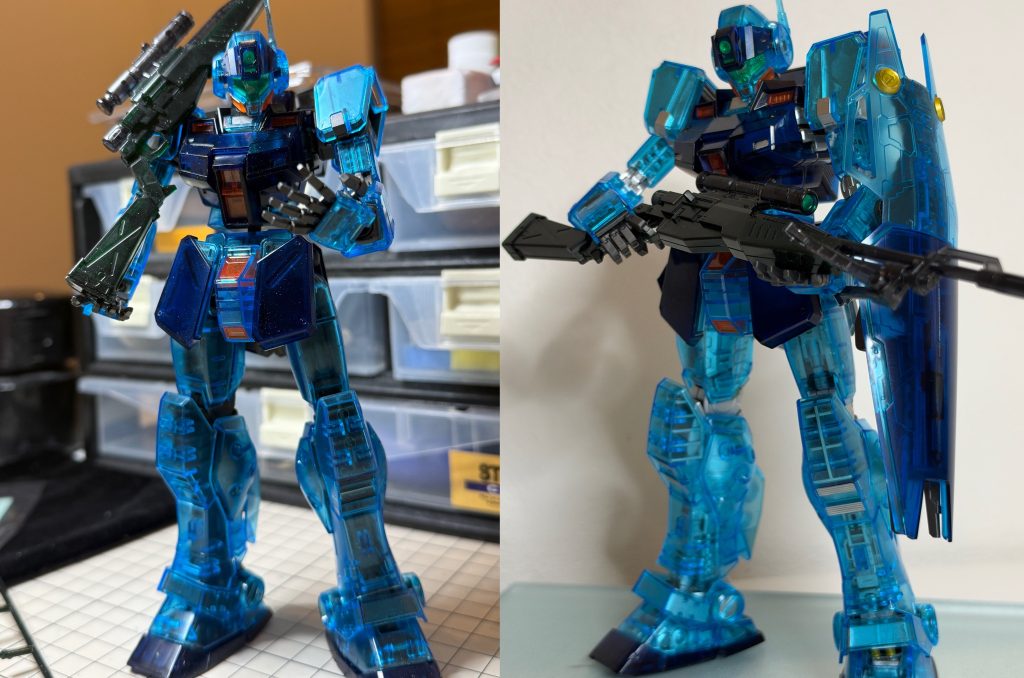 写真ではなかなか伝わりずらいですが、プレミアムダイアコートを施すとかなりヌルテカな感じに仕上がり一味違ったカッコ良さで満足でした〜(zaku-kao6)（左:ぱち組　右:ダイアコートなる物あり）最後まで見て頂きありがとうございました✨次は何作るかな…？（サフで止まってジムスナに浮気したんだった…）