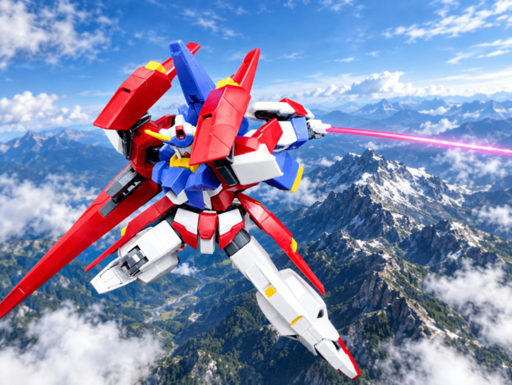 五つ目は、HGガンダムAGE-3オービタルですオービタルは宇宙仕様の装備ですが、他の写真と宇宙被りするのもどうかと思ったのでオービタルは山岳地帯の上空で戦ってる風にしてもらいましたま、まぁガンプラは自由なので(白目)
