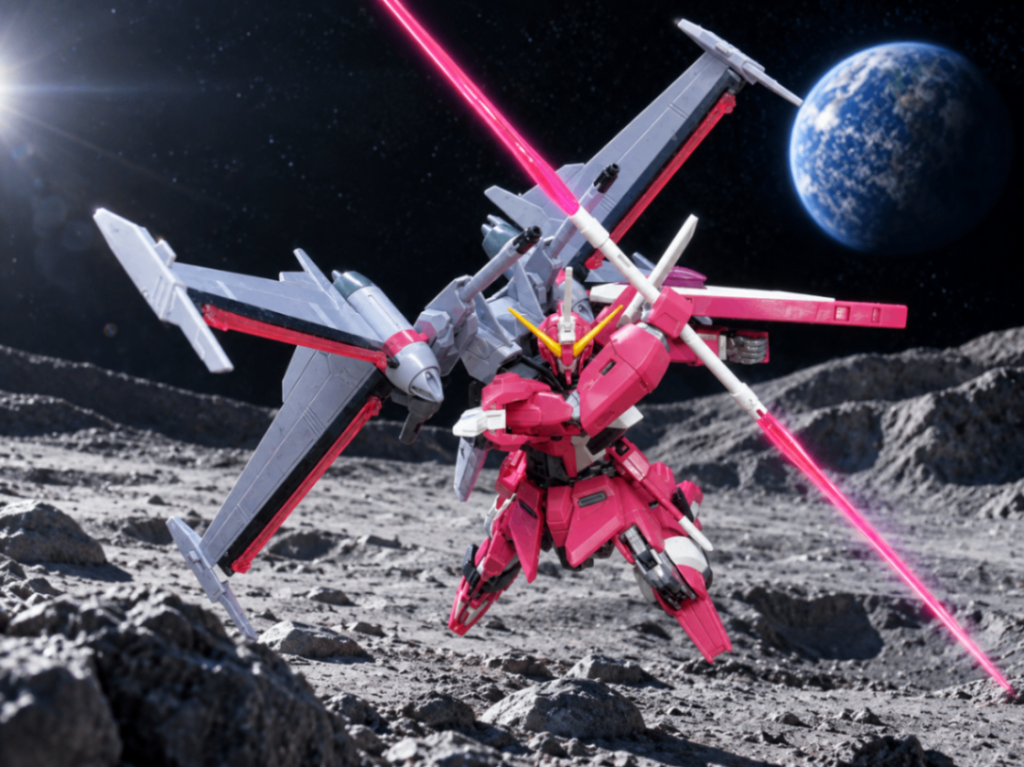 四つ目は、HGインフィニットジャスティスガンダム弐式ですシュラとの決戦みたいにしてほしかったのですが、それっぽい一枚になって良かったです&nbsp;ハレンチな妄想でシュラを欺くアスラン…やはりアスランは面白い男ですね
