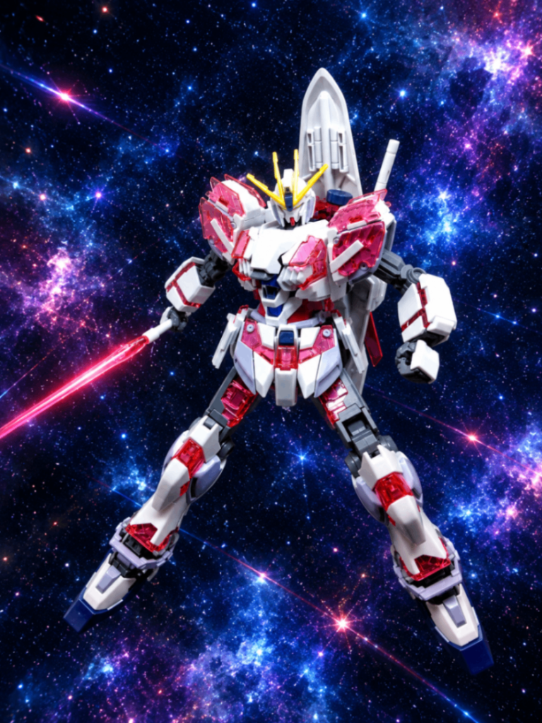 六つ目は、HGナラティブガンダムC装備ですユニコーンのビームサーベルを抜刀したポーズをオマージュしたポーズなのですが、もしかして本編でもこういうポーズしてましたっけ(うろ覚え)宇宙に佇むガンダムというのはクールですよね…作ってくれたChatGPTに感謝です