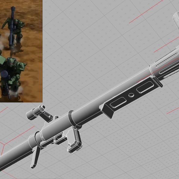 ♪弾込めて～掃除して～…(やすきよ師匠：昭和限定)。単発機構はこうなります。ホントはグリップのアタリで曲げるとカッコいいんでしょうけど、発射機構が嘘くさいので却下です。後ろで弾込め係ザクがいるのが本来の戦闘状況なんでしょうけど、業師のジオン軍パイロットは器用に肩からずらしてロック解除(信号)・フリップ動作開放(注：後述)・装填を一人でこなします。うぅ～ん(*´ω｀*)クールだ(笑)。劇中参考写真…やっぱりデカいでしょ？これぐらいなくっちゃ。ちなみに正しい形状は４本排気管が十字配列で、開閉方向は横折れです。当方では一人装填の場合の慣性での開閉(注：リボルバーのアレね)考慮とヒンジと排気管の位置関係から田の字配列で上方向開閉に角度調整しています。排気管側の内部飛び出しは着火・装填センサー機構です。いや楽しいなぁ…たまらんなぁ(´▽｀*)…みんな付いて来てくれるかなぁ？…悪癖♥…続く。（2枚目）