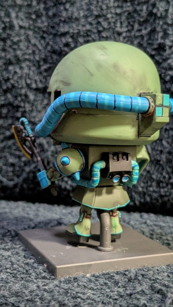 こだわりは、水色をスパイクアーマー＆スカート＆脚に使ったところ。コモリ少尉のデザインから真似てみました。