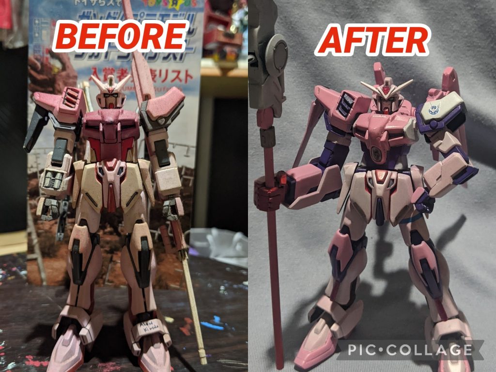 桜のイメージカラーは引き継ぎながら、ラクスの着物に使用されてる「紫」も加えカラーリングパワー重視の右腕はより大きく、ジャンクの中にあったMGストライクの物を使用