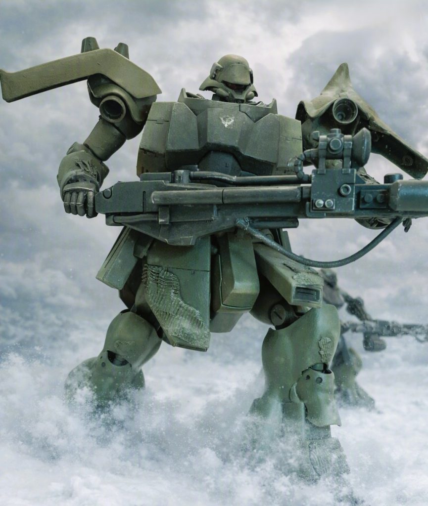 歩兵をあえて画面から外し、広大な雪原を単独で進む陸戦型ギラ・ドーガに焦点を当てました。機動兵器が大地を駆けるスケール感が出ていればと思います。