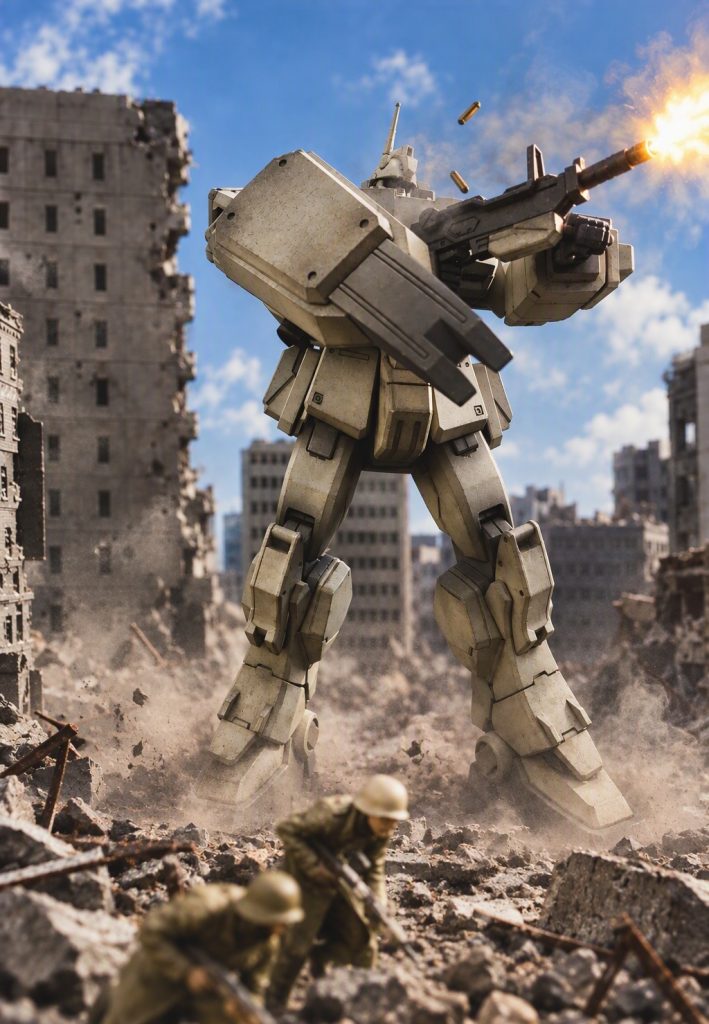 手前にタミヤ製1/35ミリタリーフィギュアを配置し、スケール感と臨場感の向上を図りました。背景には澄み渡る青空を採用し、荒れた地面との対比によって視覚的なインパクトを高めることを狙いました。