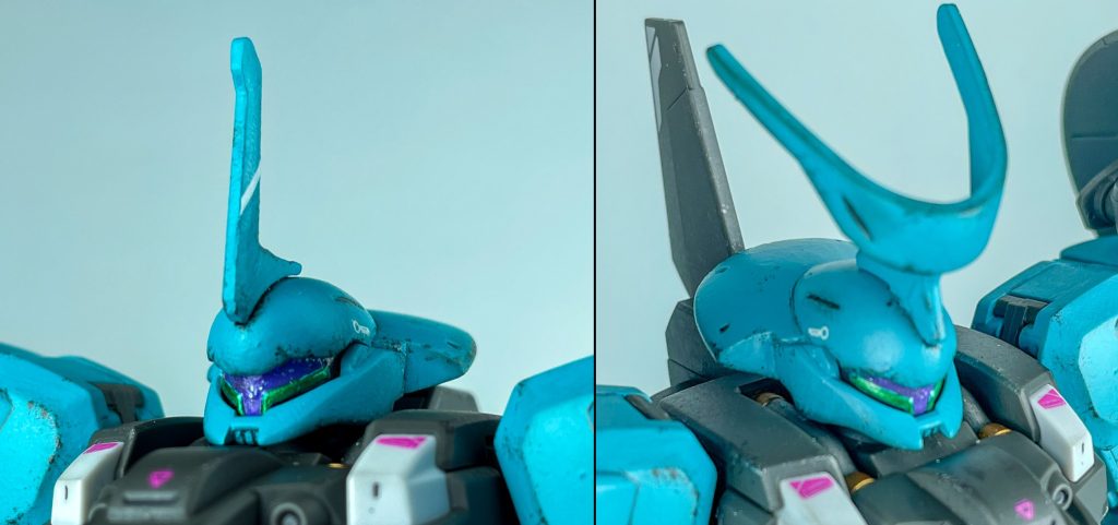 頭部。一般機の頭部アンテナが非常にシンプルなのに対し、ラウダ専用機はかなり立派ですね。可動に関しては左右には回転できますが、その形状故に上下にはあまり動きません。メインカメラはシールが付属していますが、塗装しています。紫の部分をホログラムっぽくしてみようと思い、アクリルガッシュのラメパープルを塗装してみたのですが、画像では分かり辛いｗ【使用塗料】メインカメラ パープル部：アクリルガッシュ　ラメパープルメインカメラ グリーン部：水性ホビーカラー　メタリックグリーン&nbsp;&nbsp;&nbsp;以下、ポージング。