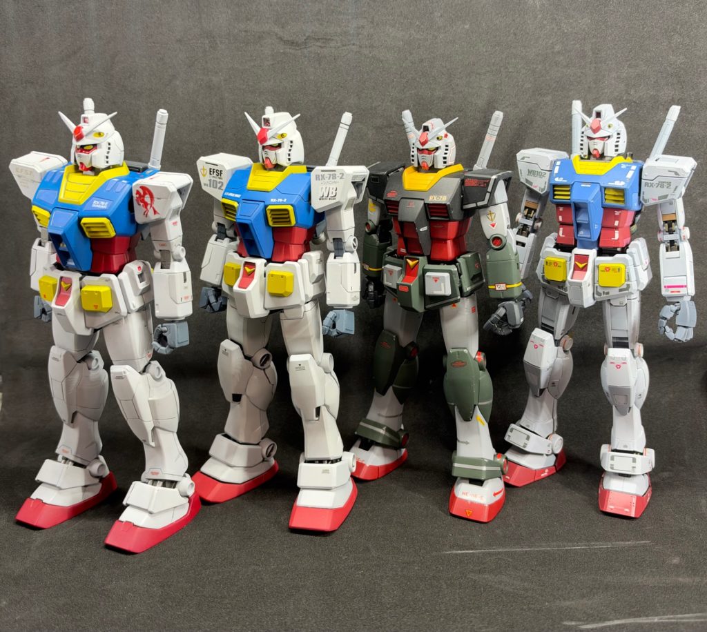 ver1.0、ver1.5、ver2.0、ver3.0.…　ver1.0が出た当時すぐに作ったものの再塗装から始まった今回の1/100ガンダムシリーズも、8体目が完成しました。あとは基本のガンダムからは離れてしまいますが、オリジンとか、フルアーマーとか、アムロが乗るはずだったアレックスとか…すこしずつ埋めていこうと思っています