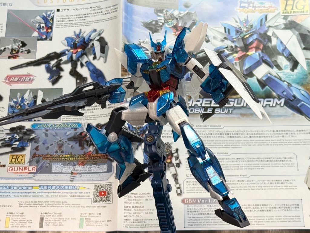 説明書を参考にポージングもしてみました!難しい!なかなかきまらない!プラネッツシステムはコアドッキングをする事でシルエットが変わりリアル等身になるのがポイントですよね。ゆえにクリアパーツでは合体をしてもコアガンダムが透けてしまうことが少し気になっていました。ですが今回、ラメクリアを活かしながら制作することができてとても楽しめました!また、リライズも視聴途中のためこれからの活躍が楽しみです!