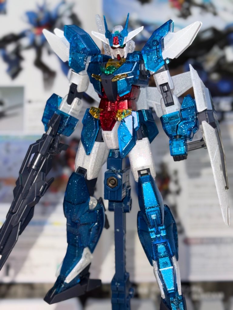 全身写真です!クリアパーツは裏面からガンダムマーカーエアブラシを使用して塗装しました!ガンダムマーカーEX4種を使用しています!青パーツ:コスモメタブルー赤パーツ:ロイヤルメタレッド緑パーツ:ルミナスメタグリーン白パーツ:ニューホワイト
